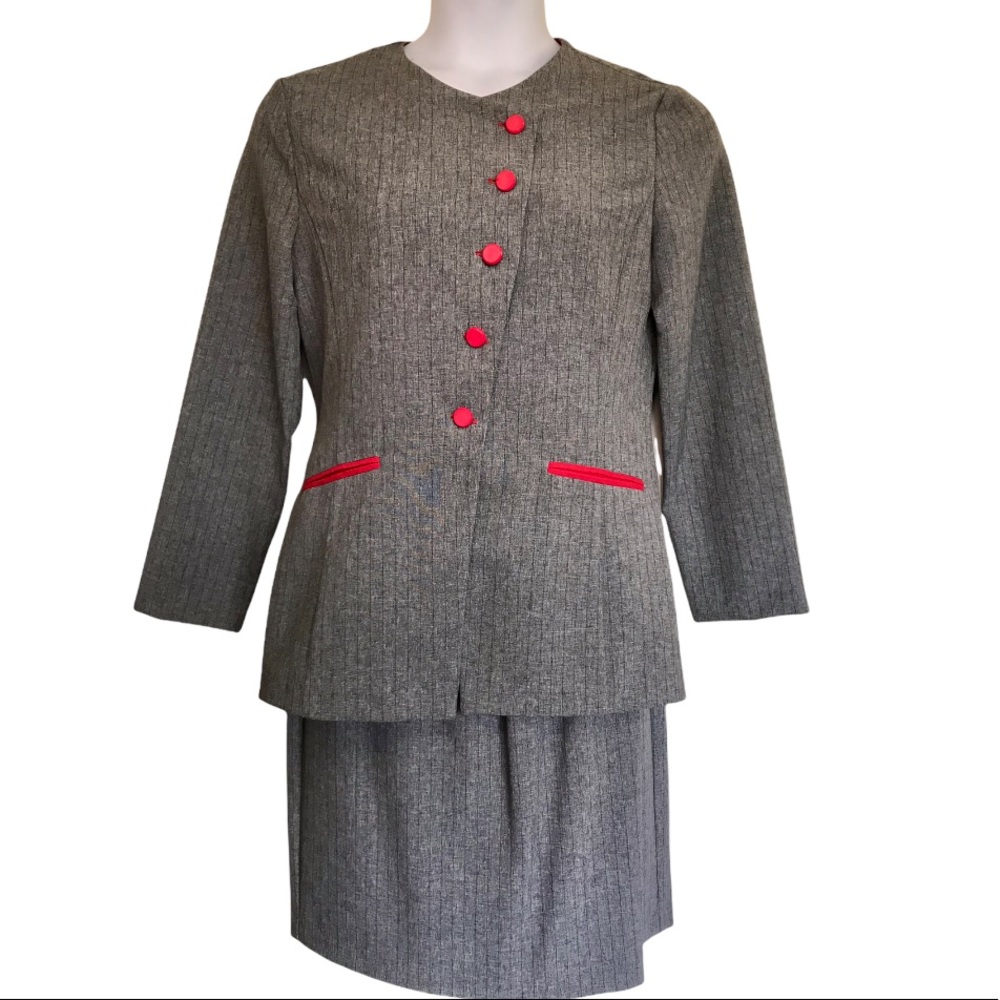 Vtg 3 Piece Pant / Skirt Suit Gray & Red Size 12